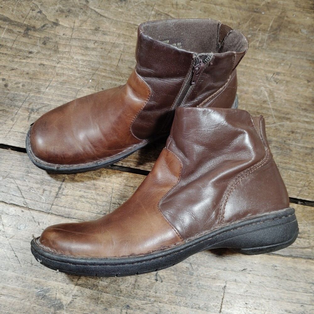 Earth Shoes Sz 8.5 Brown Leather Ankle Boots Shoes Side Zip Two Tone